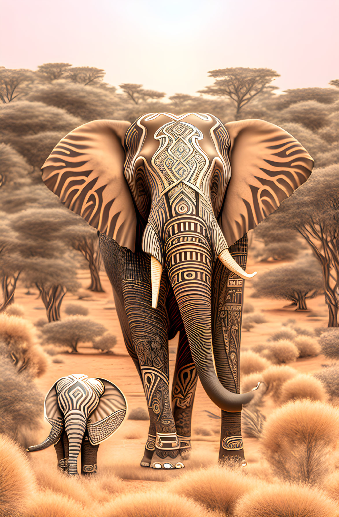 Illustration of two patterned elephants in savanna scenery