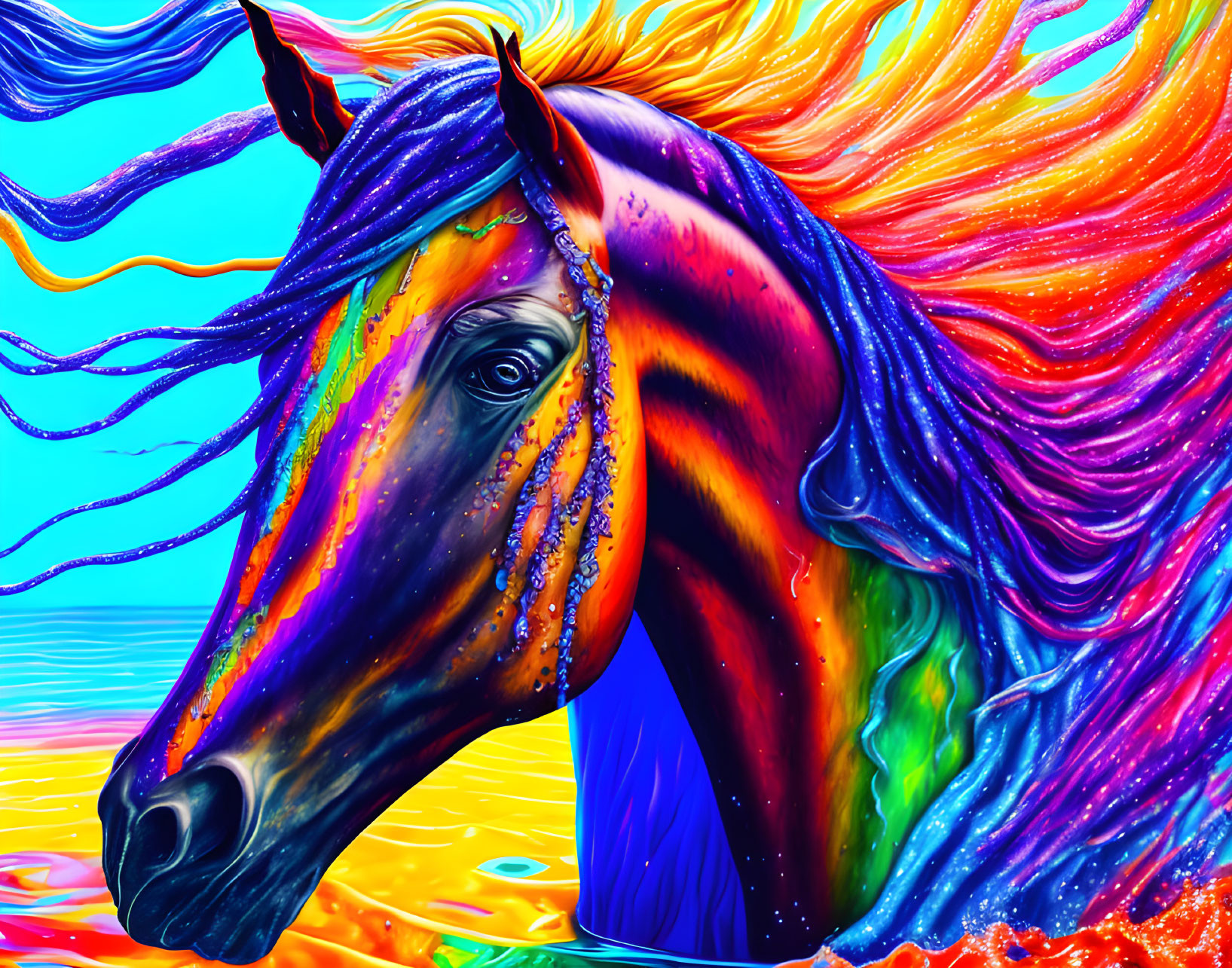 Colorful Horse Artwork with Rainbow Mane on Psychedelic Background