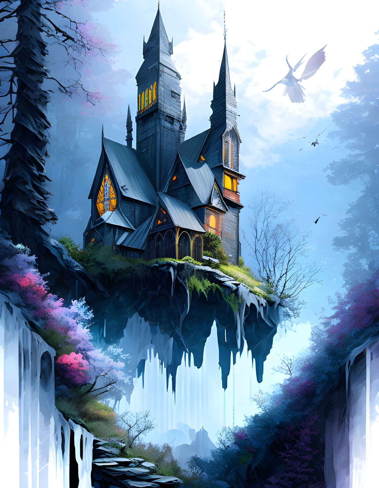 Fantasy illustration of gothic-style castle on floating island surrounded by lush flora