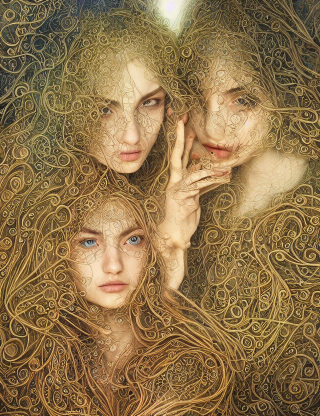 Three women with intricate golden patterns on faces and hair in mystical setting