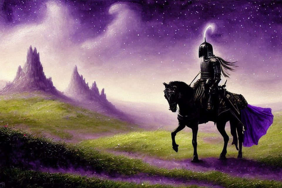 Knight in Full Armor Riding Black Horse Across Mystical Purple Landscape