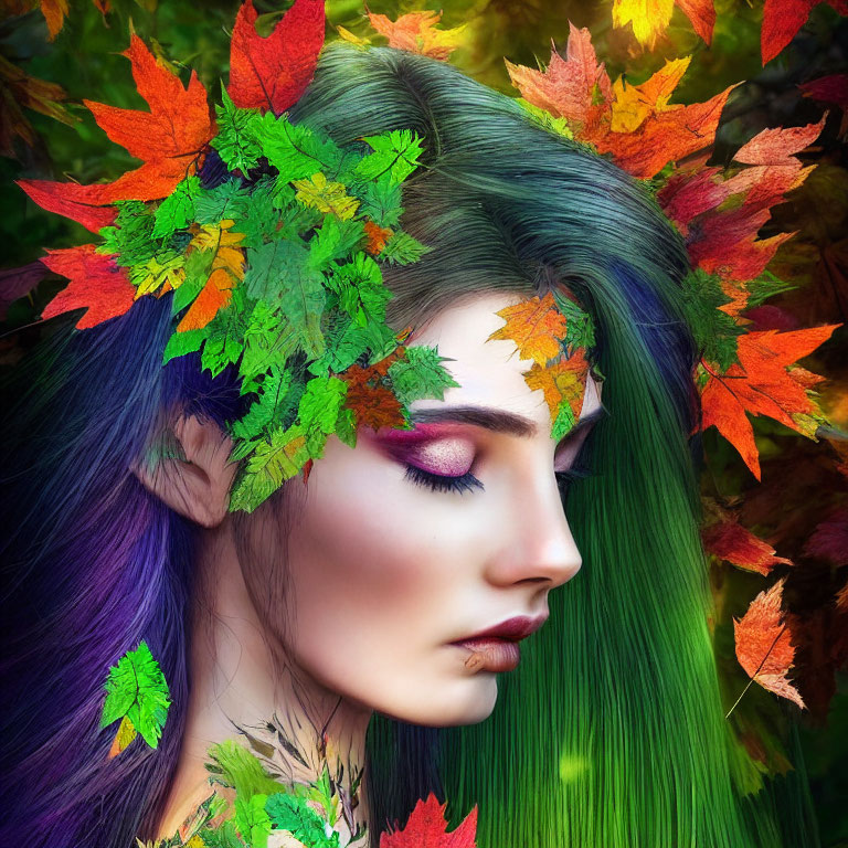 Woman with Green Hair and Autumn Leaf Adornments