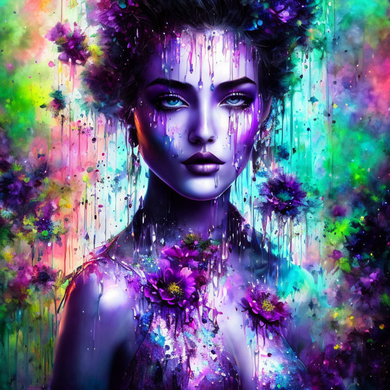 Colorful digital artwork: Female figure with purple skin, paint drips, splashes, and floral