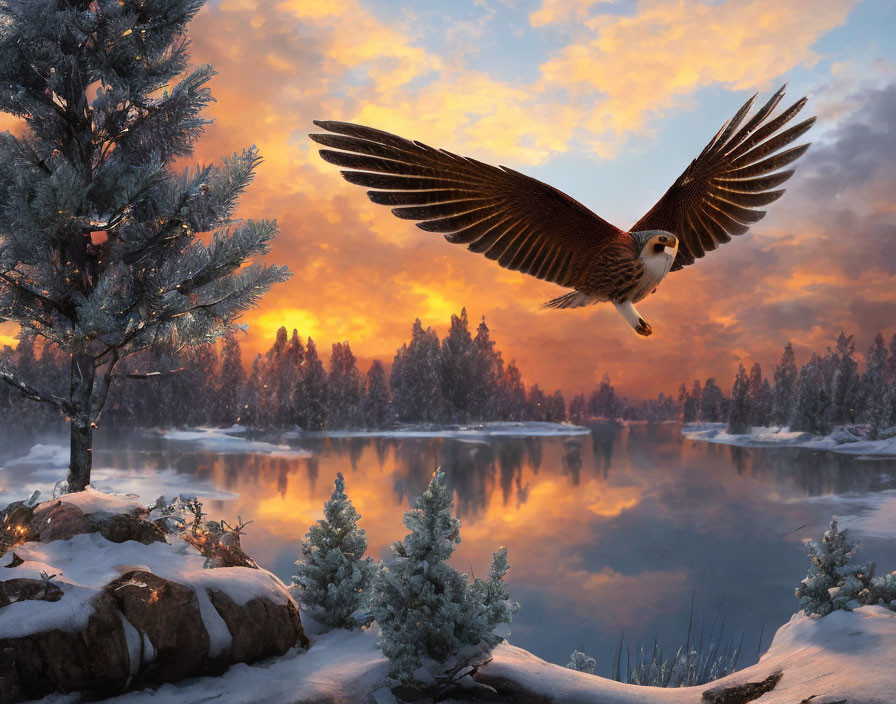 Snow-covered winter landscape with falcon in flight at sunrise