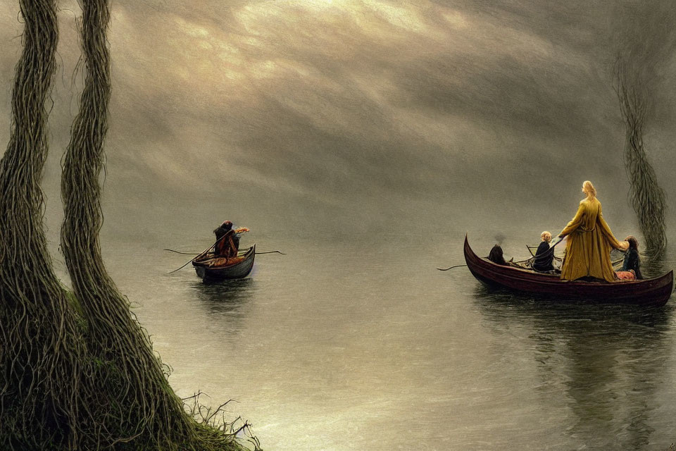 Tranquil river scene with two boats, people on board, trees, misty landscape, golden