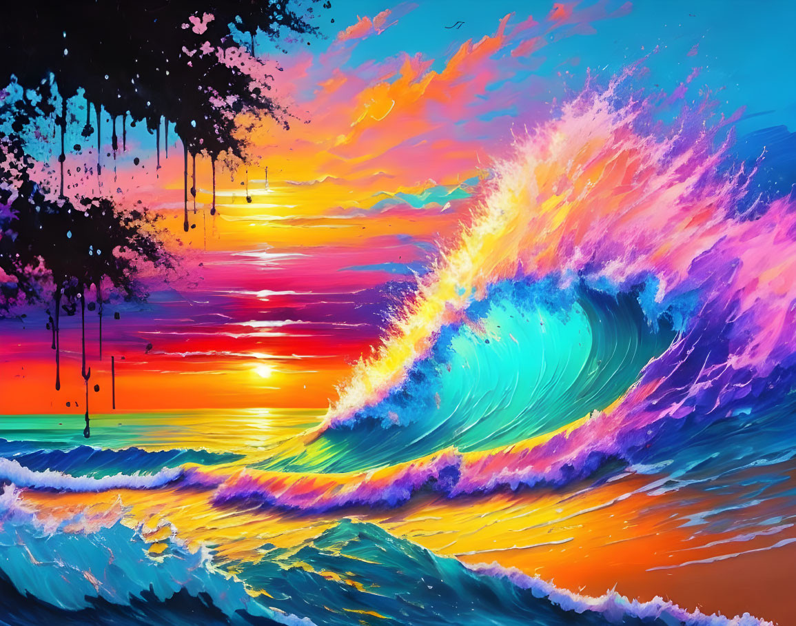 Colorful Wave Artwork with Sunset and Birds in Flight