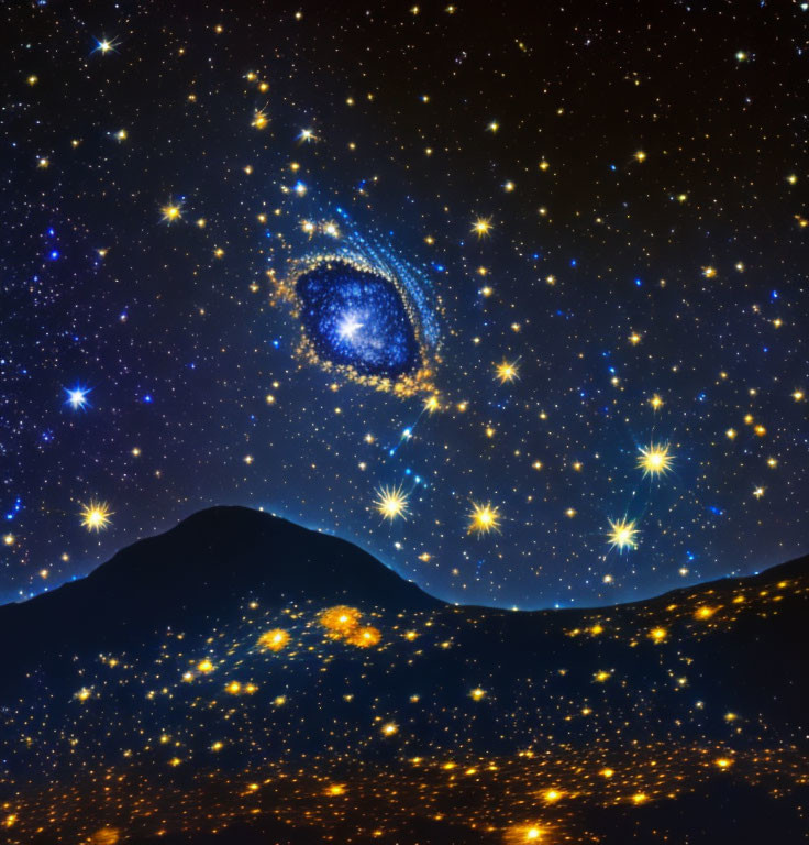 Starry night sky with spiral galaxy over mountains