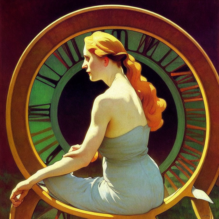 Profile of woman with long red hair in circular chair against vibrant background