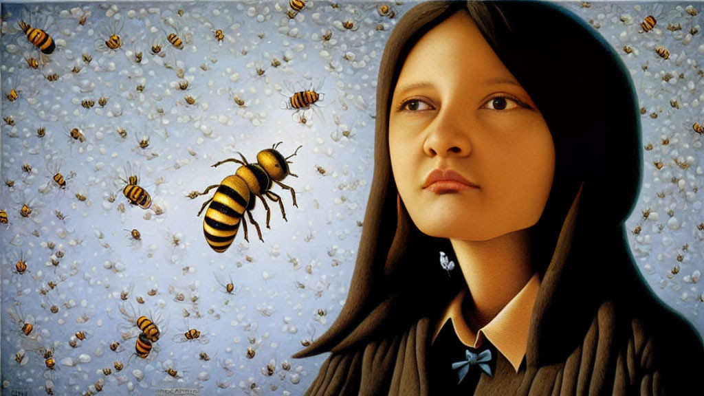 Digital Artwork: Thoughtful Girl Surrounded by Bees on Honeycomb Background