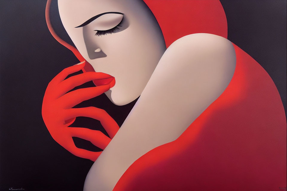 Stylized artwork of a woman in red with closed eyes on dark background