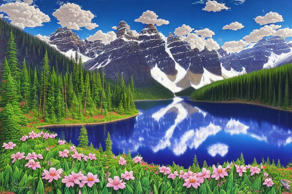 Scenic landscape with blue lake, wildflowers, pine trees, and mountains