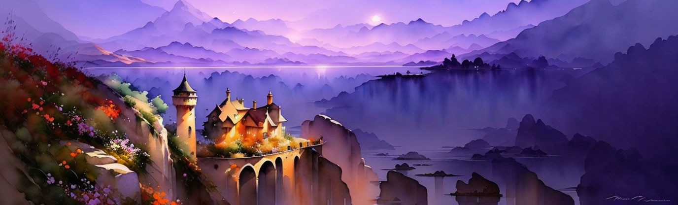 Fantasy landscape with castle, vibrant flora, and purple mountains at sunset