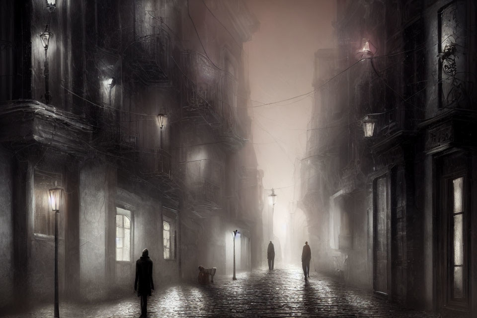 Foggy Night Street Scene with Silhouettes Walking