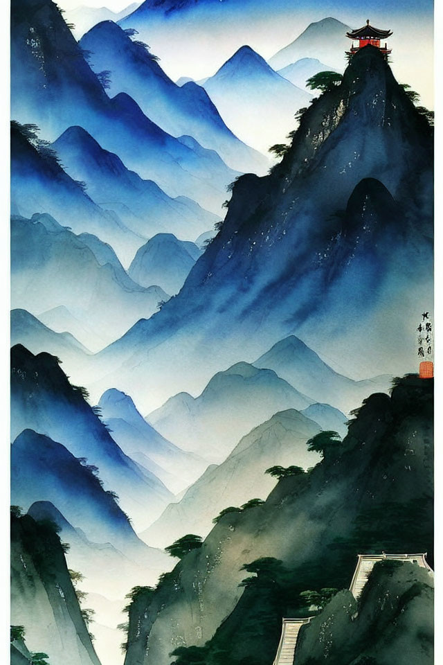 Traditional Asian Painting: Misty Blue Mountains, Red Pagoda, Serene Landscape