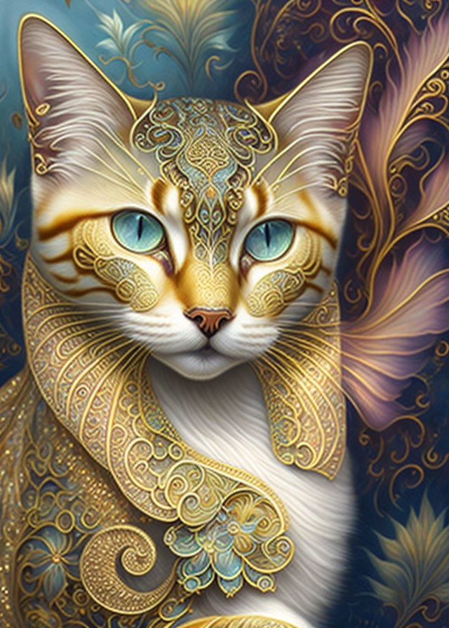 Illustrated Cat with Gold and Blue Patterns and Mesmerizing Eyes