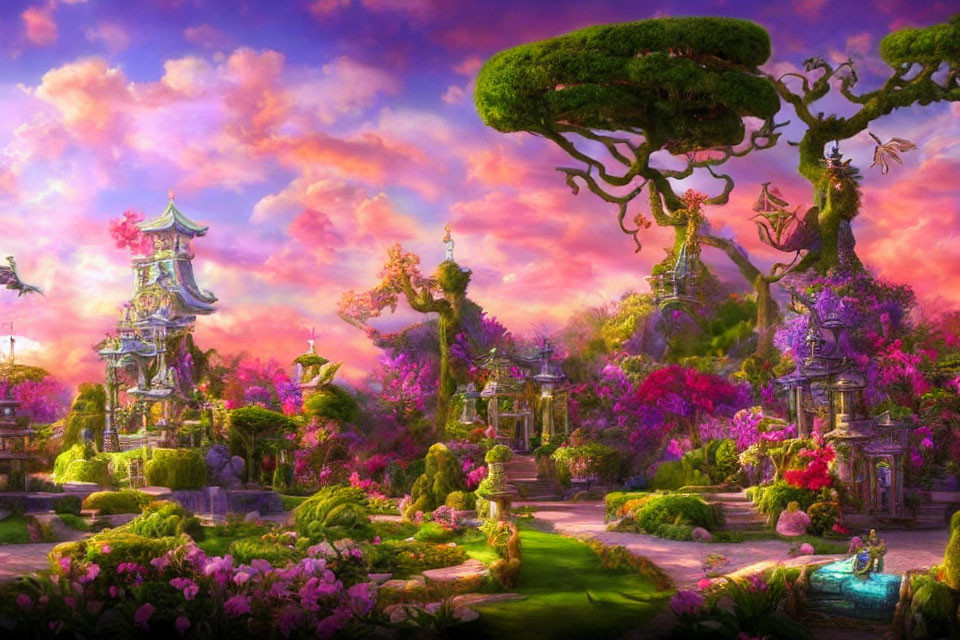 Colorful Asian fantasy garden with blossoming flowers, traditional towers, and statues at sunset