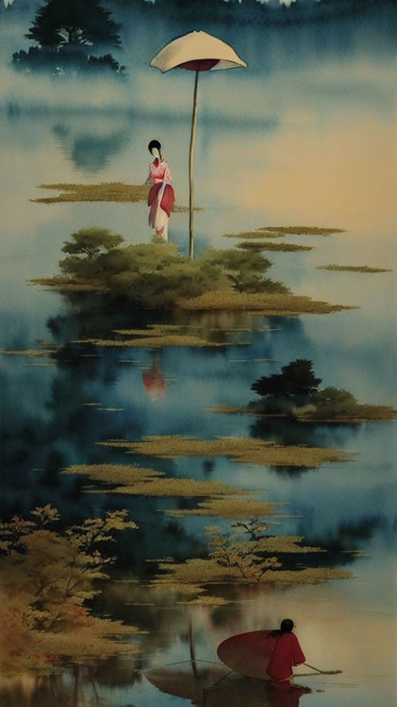 Tranquil painting of person under white umbrella on hilltop with reflection in water below