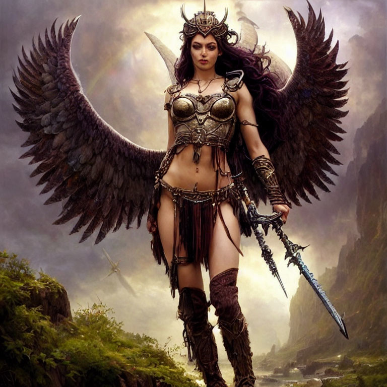 Fantasy warrior with black wings, horned helmet, and sword in misty landscape