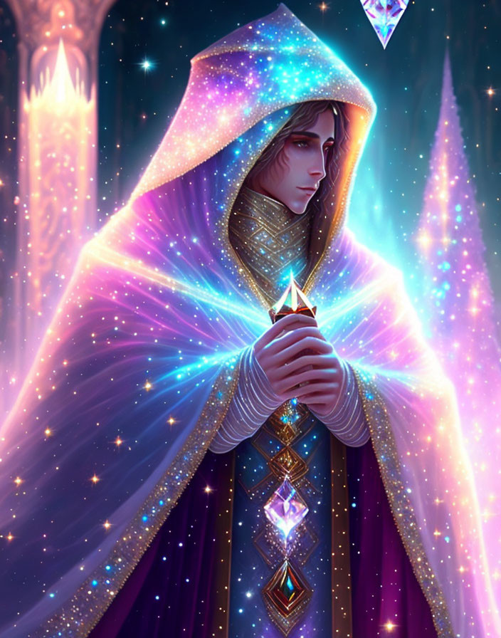 Mystical figure in starry robe with radiant crystal and shimmering gems