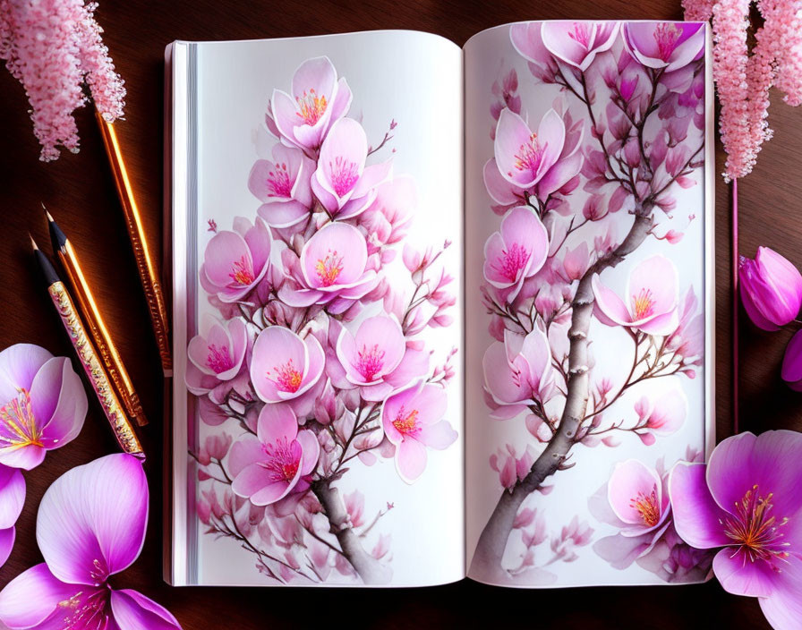 Open book with realistic pink cherry blossoms illustration and pen on wooden surface