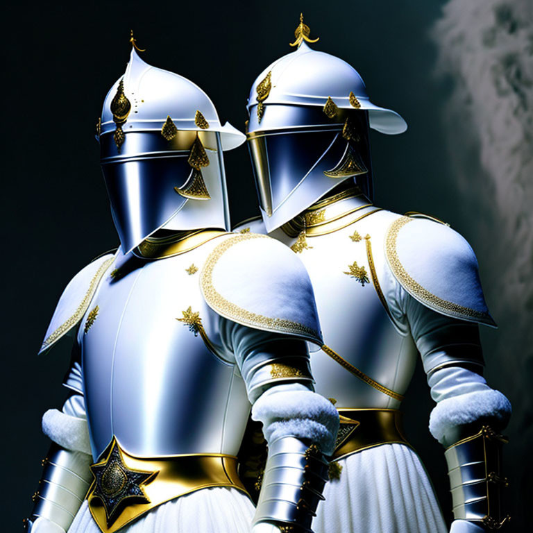 Medieval armor-clad duo in silver and gold against dark backdrop