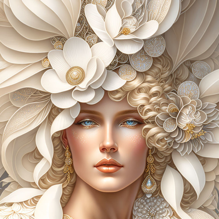 Detailed digital artwork of woman with white and gold floral motifs