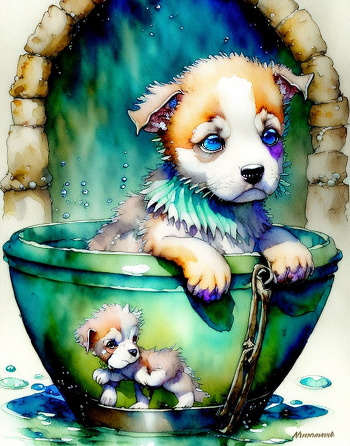 Watercolor illustration of cute puppy with blue eyes in green bowl, with reflection outside.