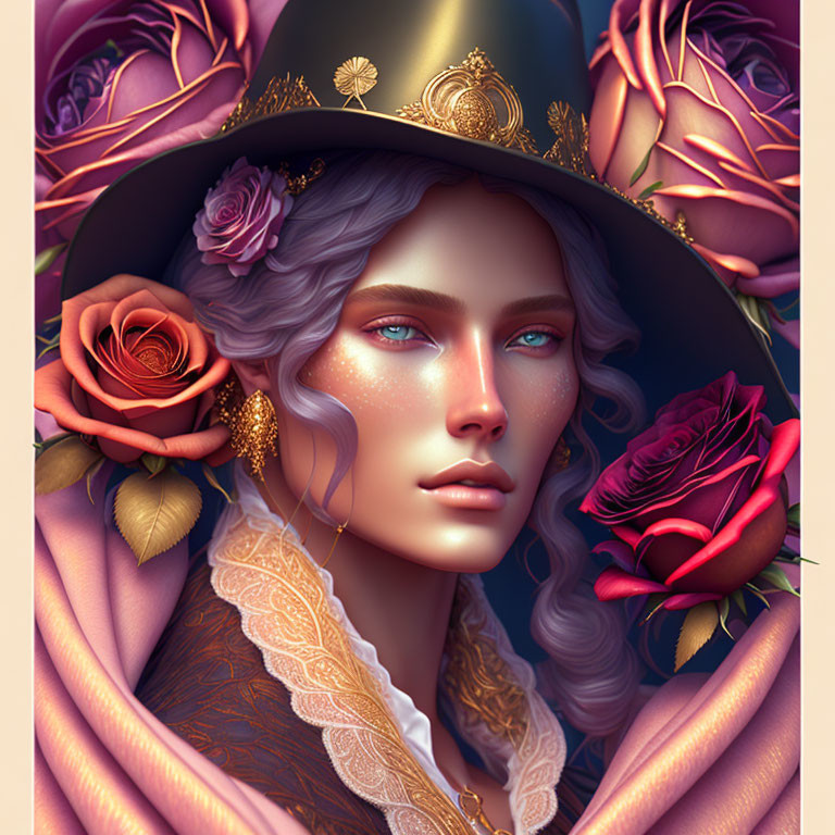 Digital artwork: Person with violet hair, blue eyes, adorned hat, among roses - vintage style