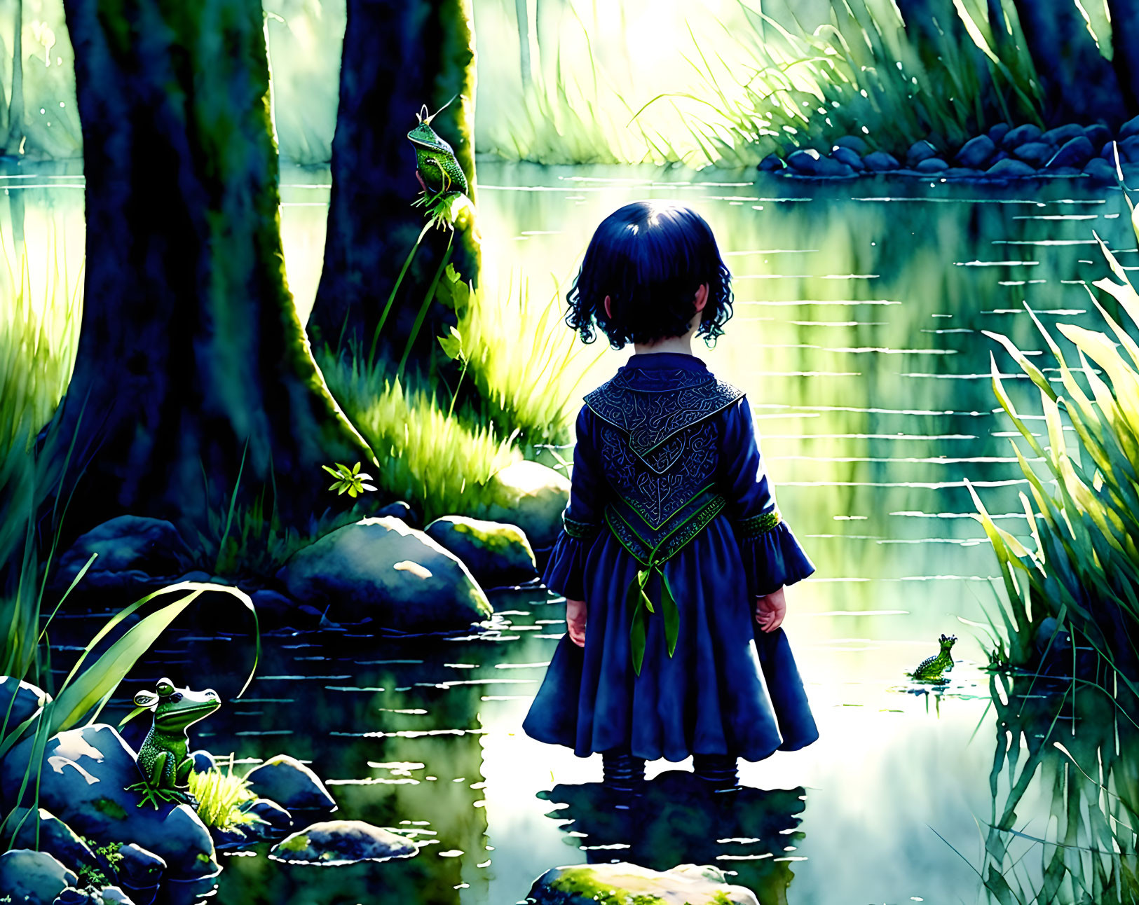 Child in dark dress by reflective pond in serene forest with sunbeams.