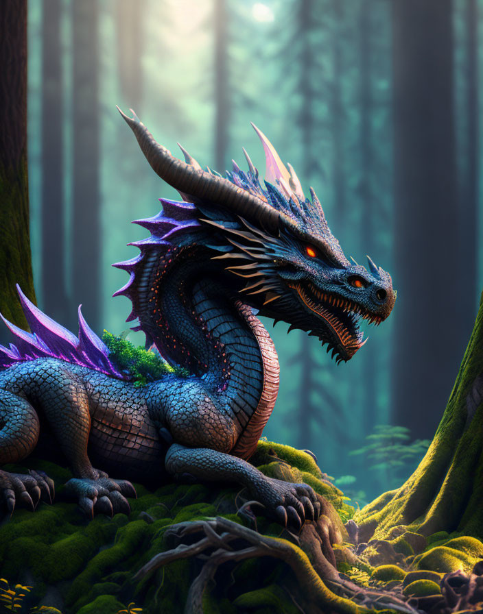 Blue and Purple Dragon Resting in Enchanting Sunlit Forest