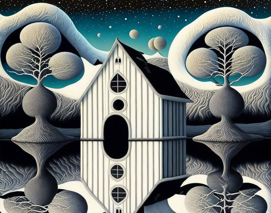 Surreal artwork: spaceship structure, circular windows, stylized trees, starry sky.