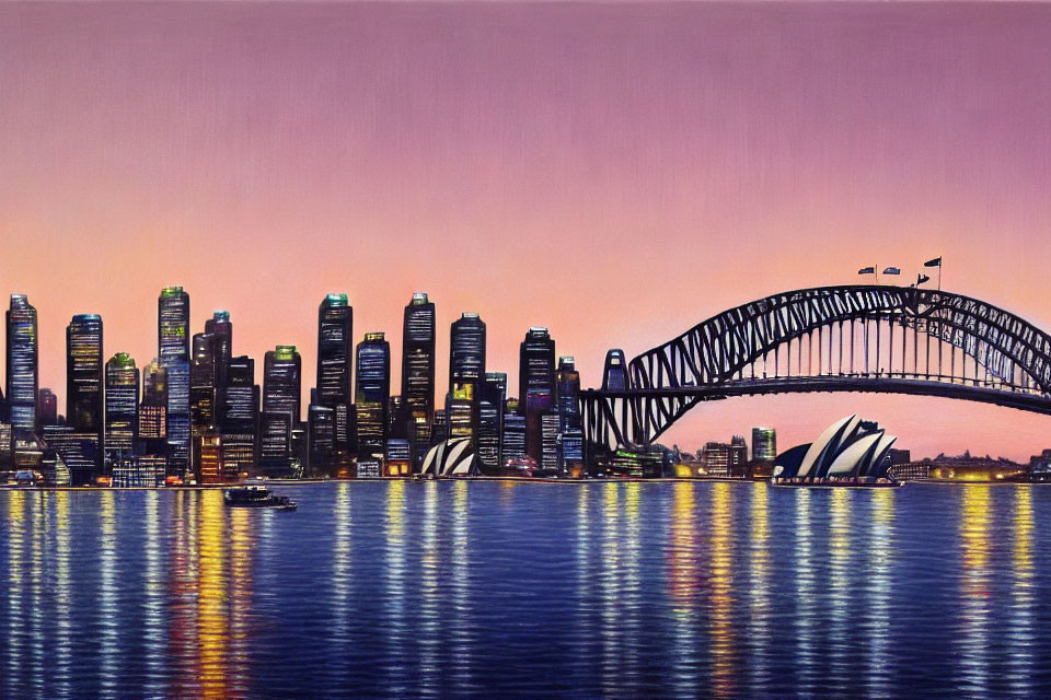 Sydney skyline painting at dusk with Harbour Bridge and Opera House