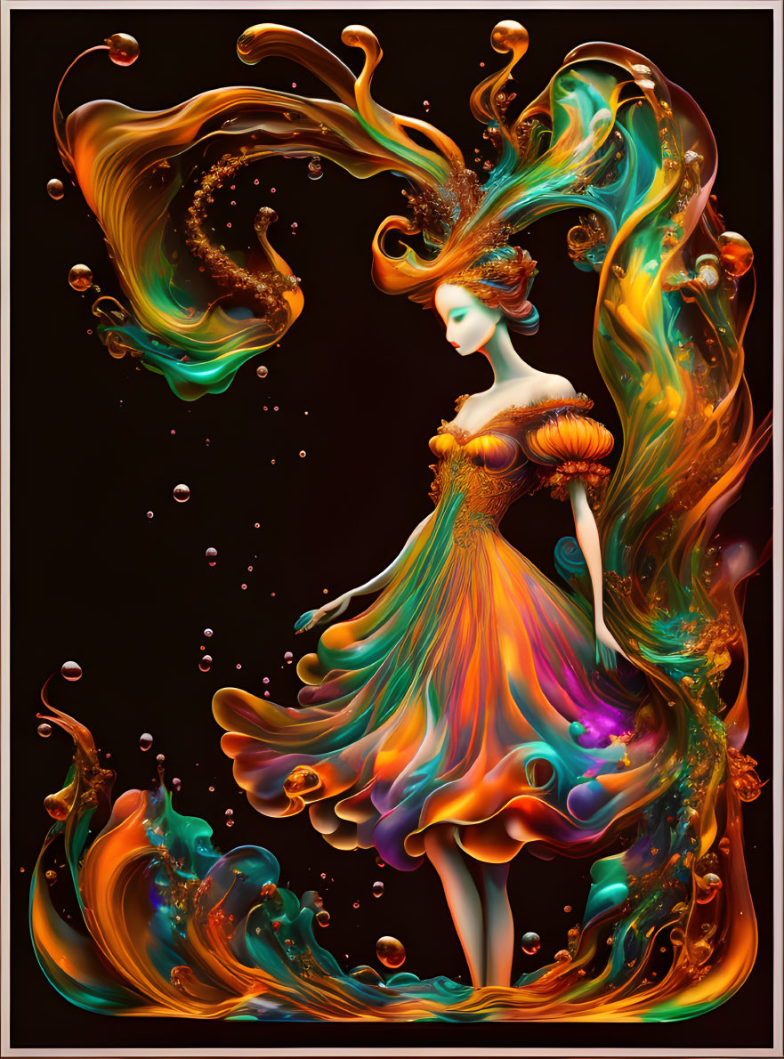 Vibrant woman with flowing liquid swirls on dark background