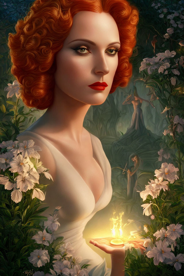 Red-haired woman in white dress with glowing flame in lush greenery