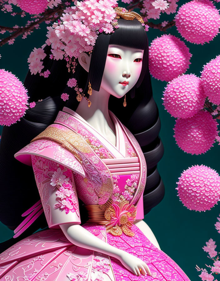 Digital art: Woman in pink kimono with sakura blossoms in elegant, otherworldly style