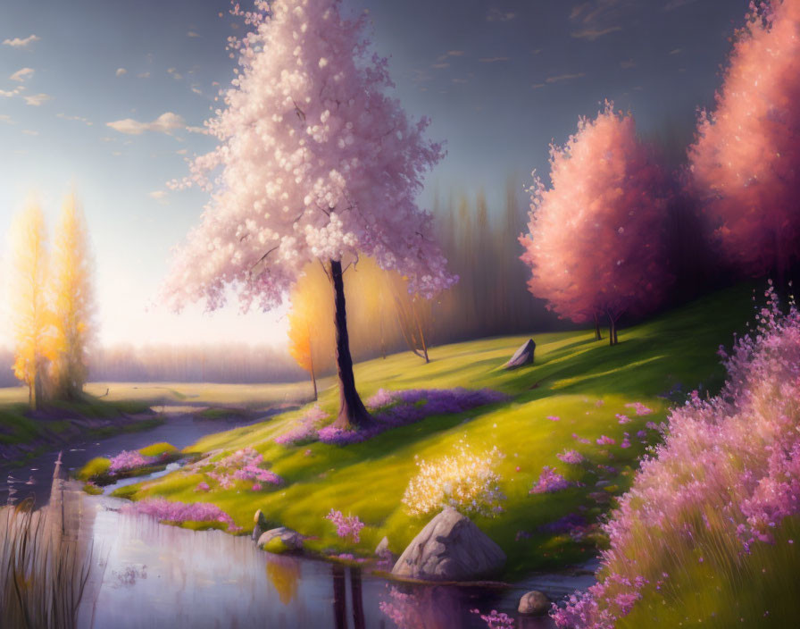 Tranquil landscape with pink cherry blossoms and golden trees