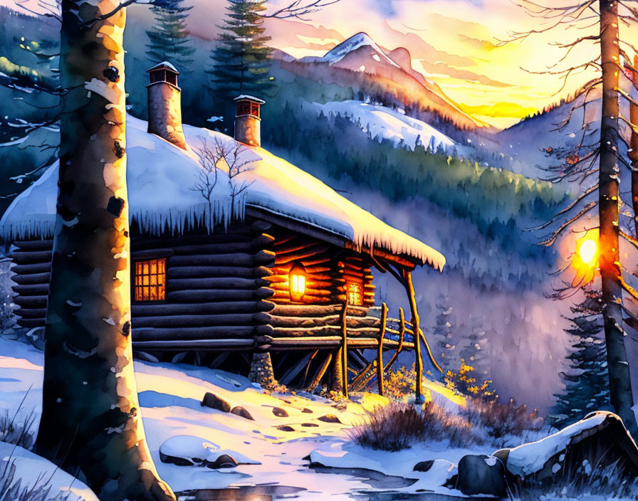 Snowy landscape log cabin with glowing windows at sunset