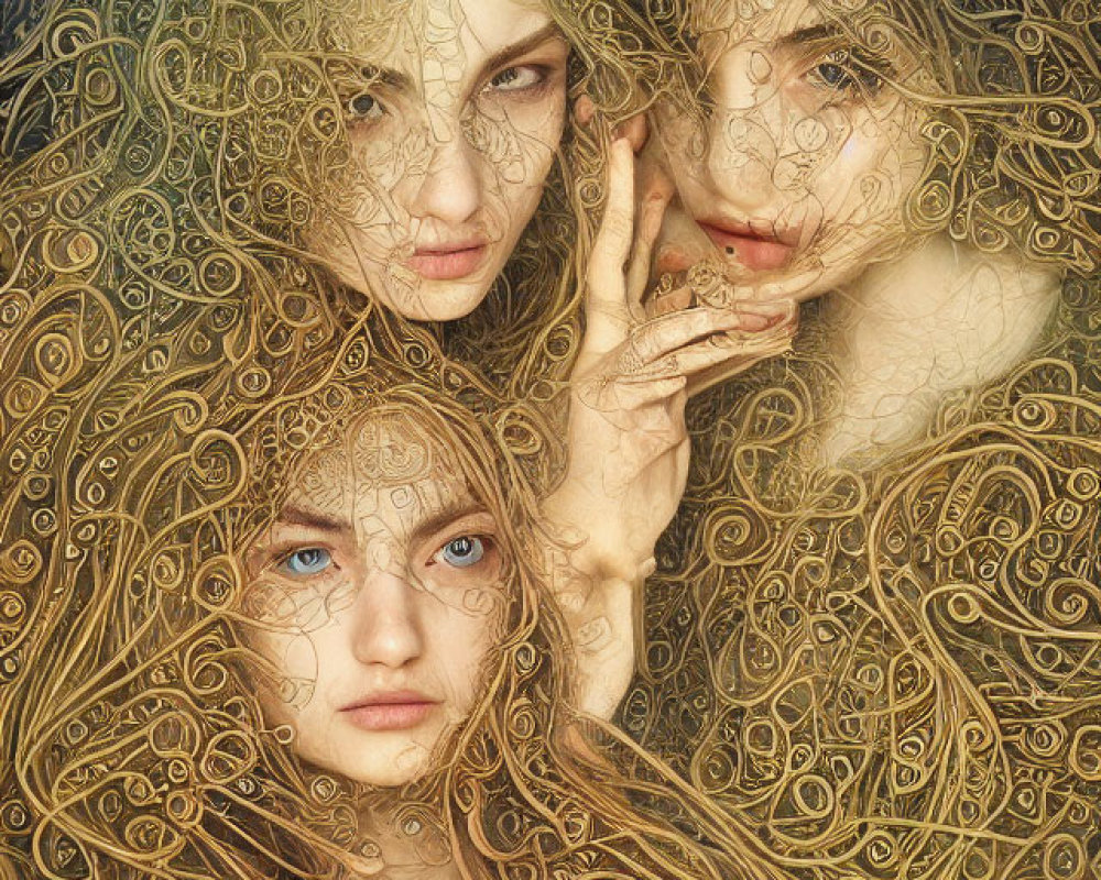 Three women with intricate golden patterns on faces and hair in mystical setting