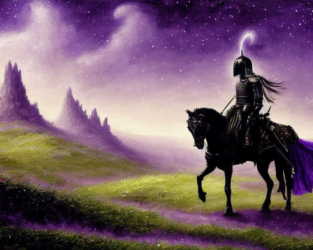 Knight in Full Armor Riding Black Horse Across Mystical Purple Landscape