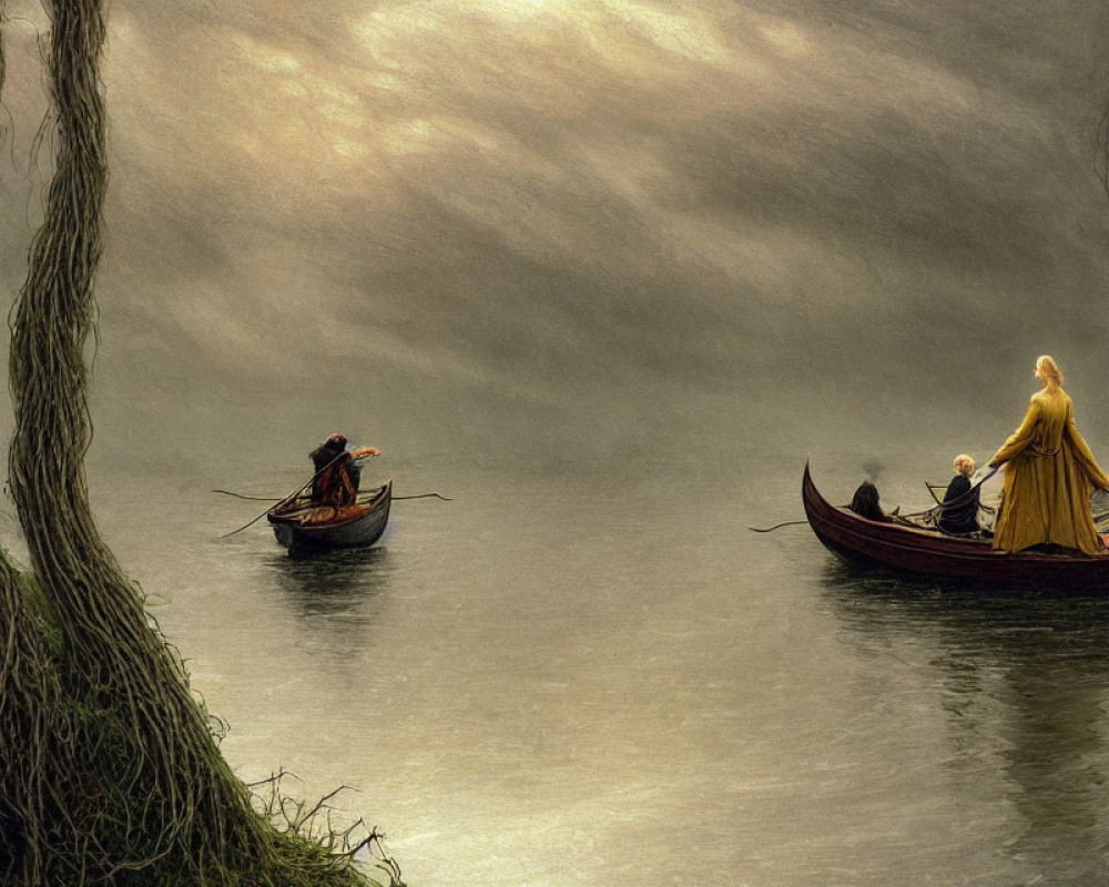 Tranquil river scene with two boats, people on board, trees, misty landscape, golden