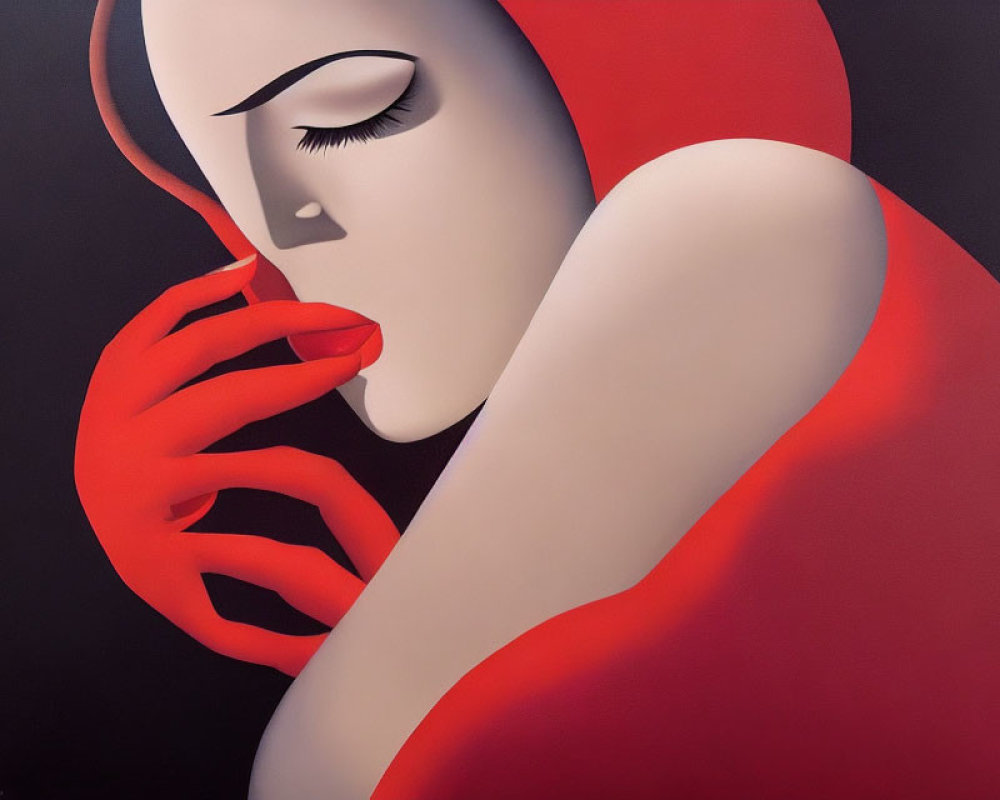 Stylized artwork of a woman in red with closed eyes on dark background