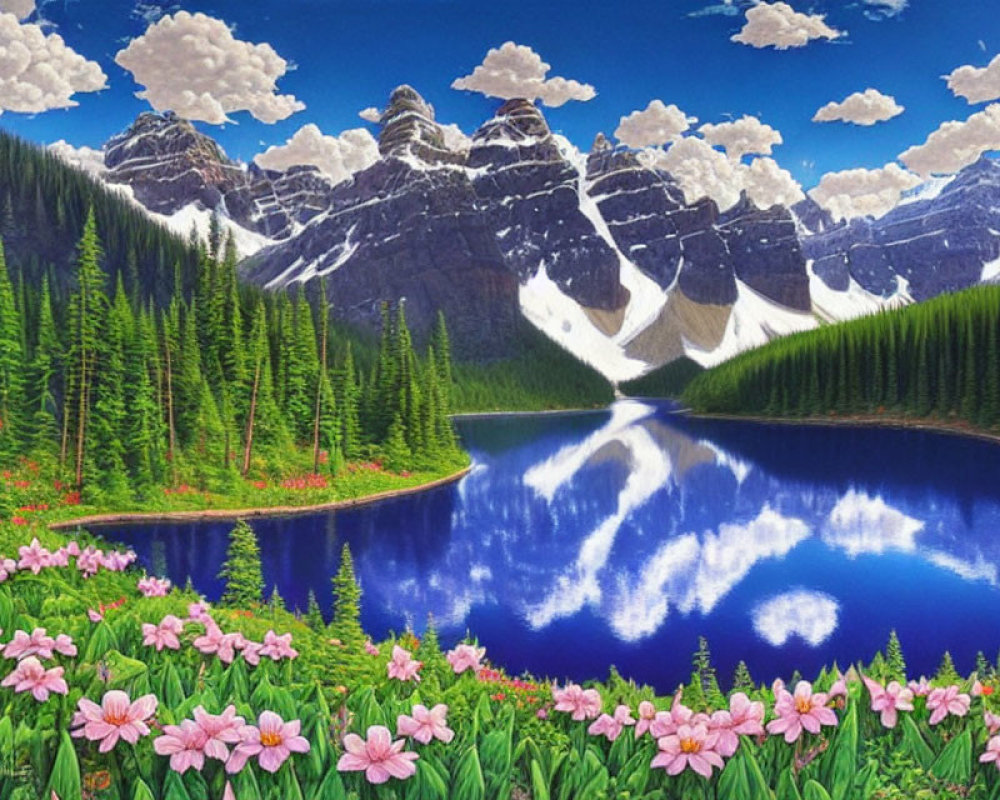 Scenic landscape with blue lake, wildflowers, pine trees, and mountains