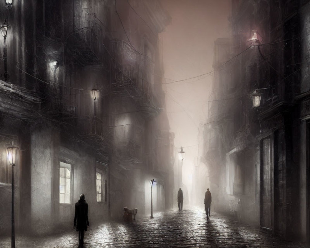 Foggy Night Street Scene with Silhouettes Walking