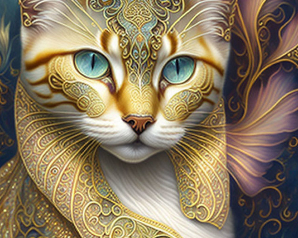 Illustrated Cat with Gold and Blue Patterns and Mesmerizing Eyes