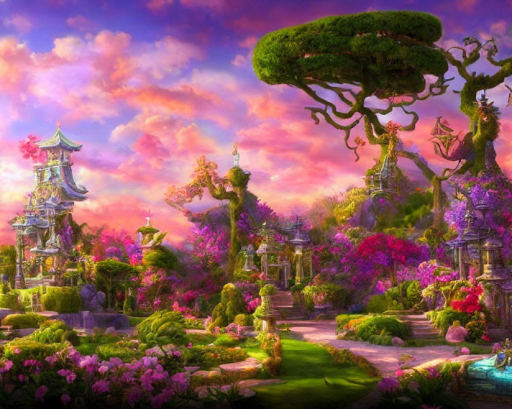 Colorful Asian fantasy garden with blossoming flowers, traditional towers, and statues at sunset