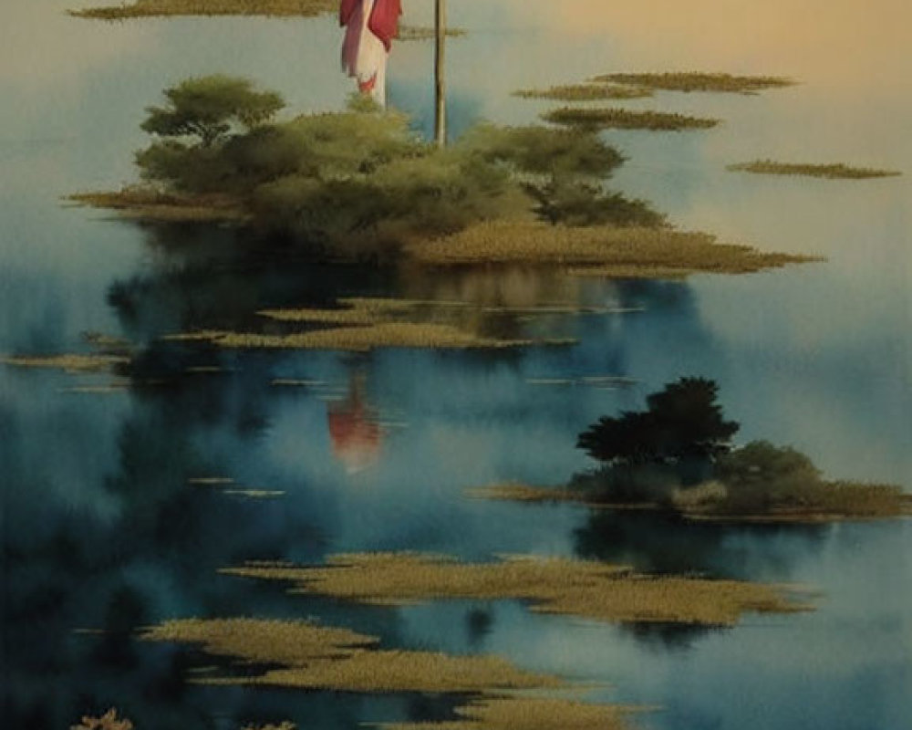 Tranquil painting of person under white umbrella on hilltop with reflection in water below