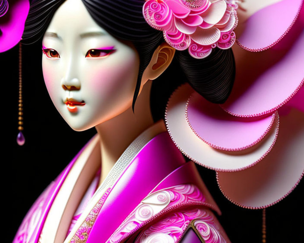 Digital illustration of Asian woman in colorful kimono on black background