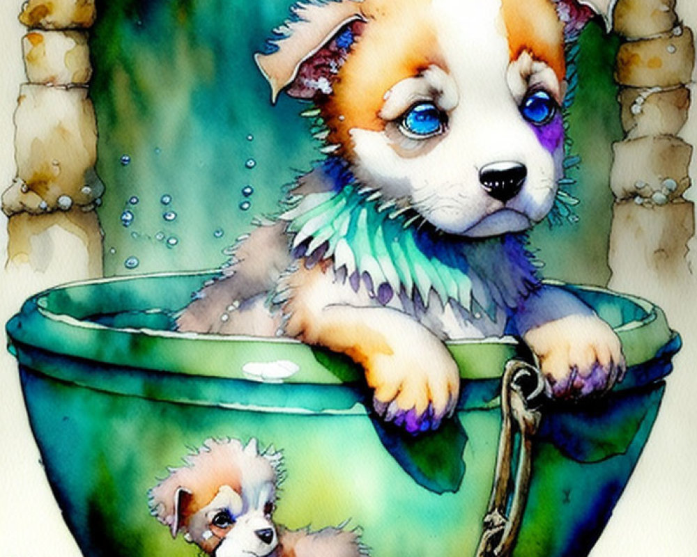 Watercolor illustration of cute puppy with blue eyes in green bowl, with reflection outside.