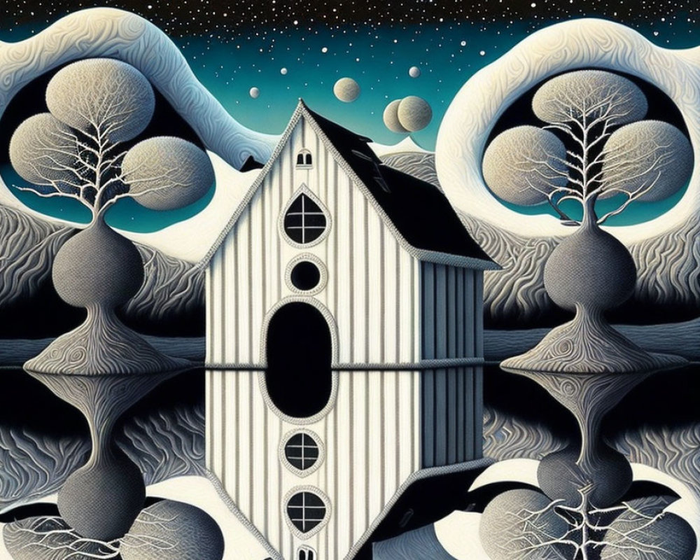 Surreal artwork: spaceship structure, circular windows, stylized trees, starry sky.