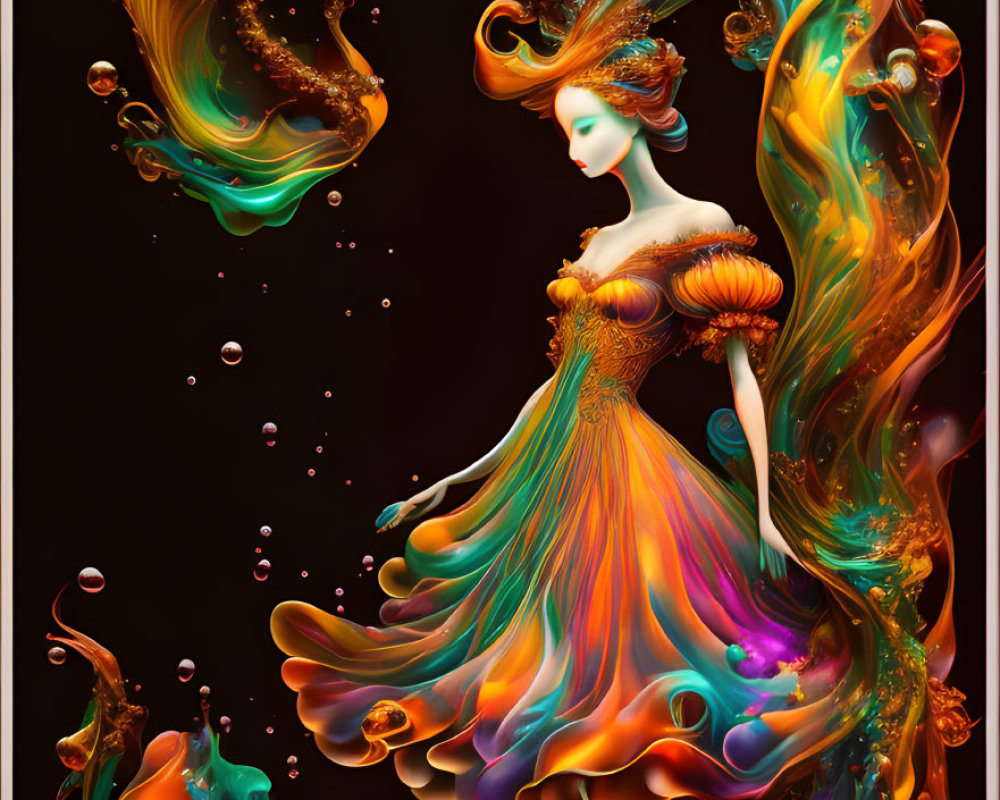 Vibrant woman with flowing liquid swirls on dark background